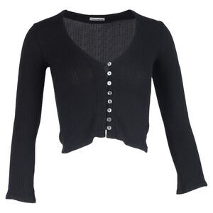 Reformation Ribbed-Knit Buttoned Cropped Cardigan in Black Tencel